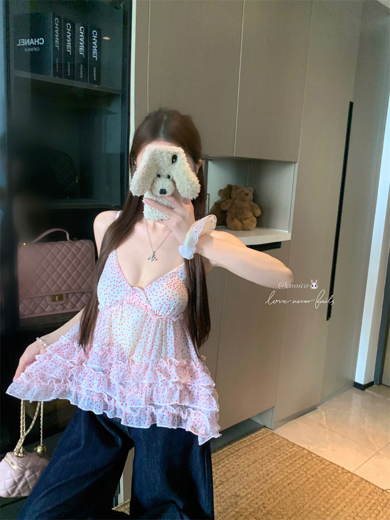 Polka Dot Beige A-Line Camisole Top with Layered Lace Korean Style - Image 3