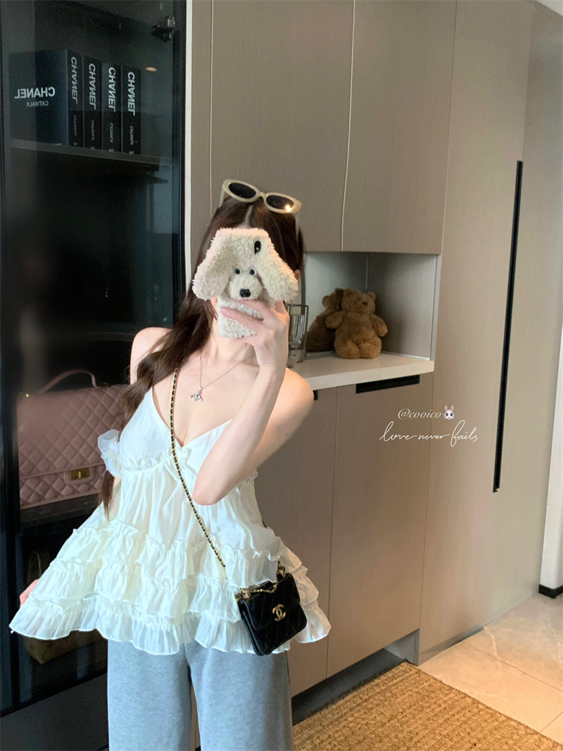 Polka Dot Beige A-Line Camisole Top with Layered Lace Korean Style - Image 4