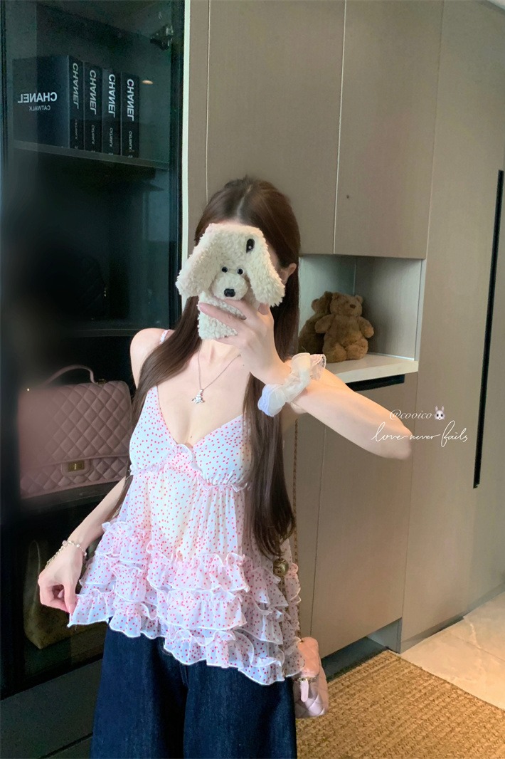 Polka Dot Beige A-Line Camisole Top with Layered Lace Korean Style - Image 5