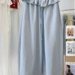 2026 Korean Style Casual Ruffled Elastic Waist Pants Women Summer Thin Curved Nine Point Wide Leg Pants