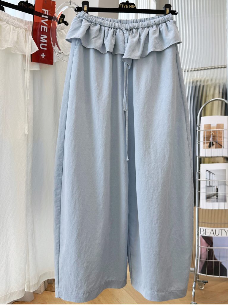 2026 Korean Style Casual Ruffled Elastic Waist Pants Women Summer Thin Curved Nine Point Wide Leg Pants