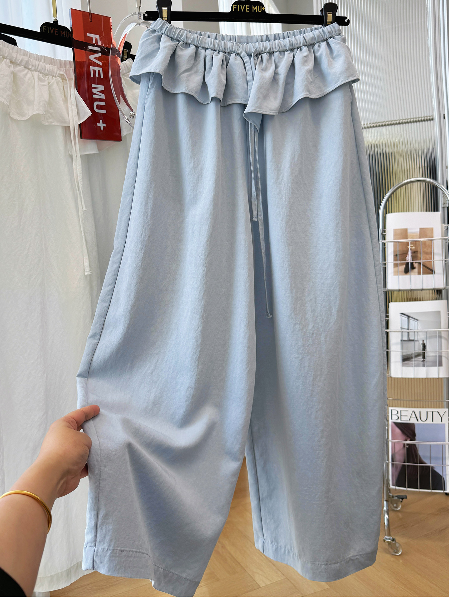 2026 Korean Style Casual Ruffled Elastic Waist Pants Women Summer Thin Curved Nine Point Wide Leg Pants - Image 3