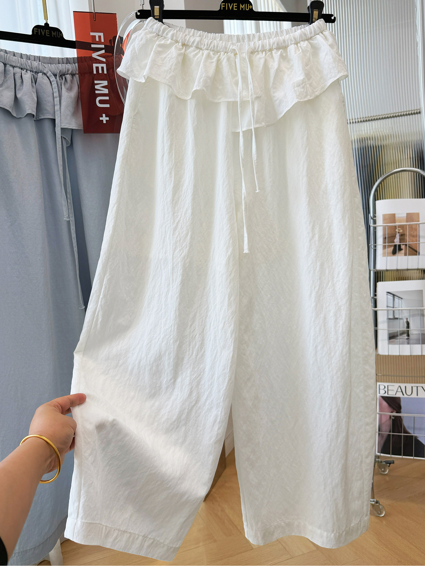 2026 Korean Style Casual Ruffled Elastic Waist Pants Women Summer Thin Curved Nine Point Wide Leg Pants - Image 4