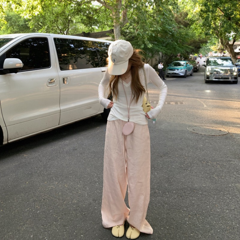 Macaron Summer Breathable Linen Pants Minimalist Narrow Waist Casual Floor-Length Pants - Image 5