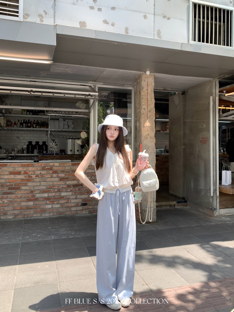 Women's Summer Wide-Leg Casual Pants in Blue White Pink - Image 3