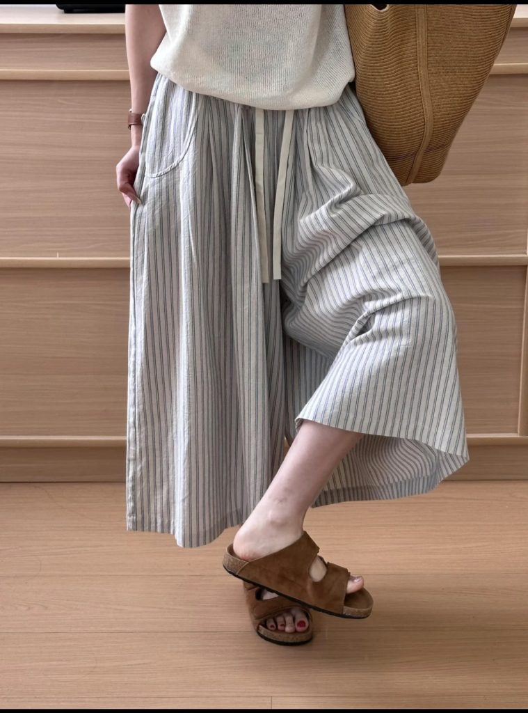 Elastic Waist Wide Leg Pants Korean Lazy Style Cotton Vertical Striped Drawstring Spring Summer Beige Gray Blue Striped