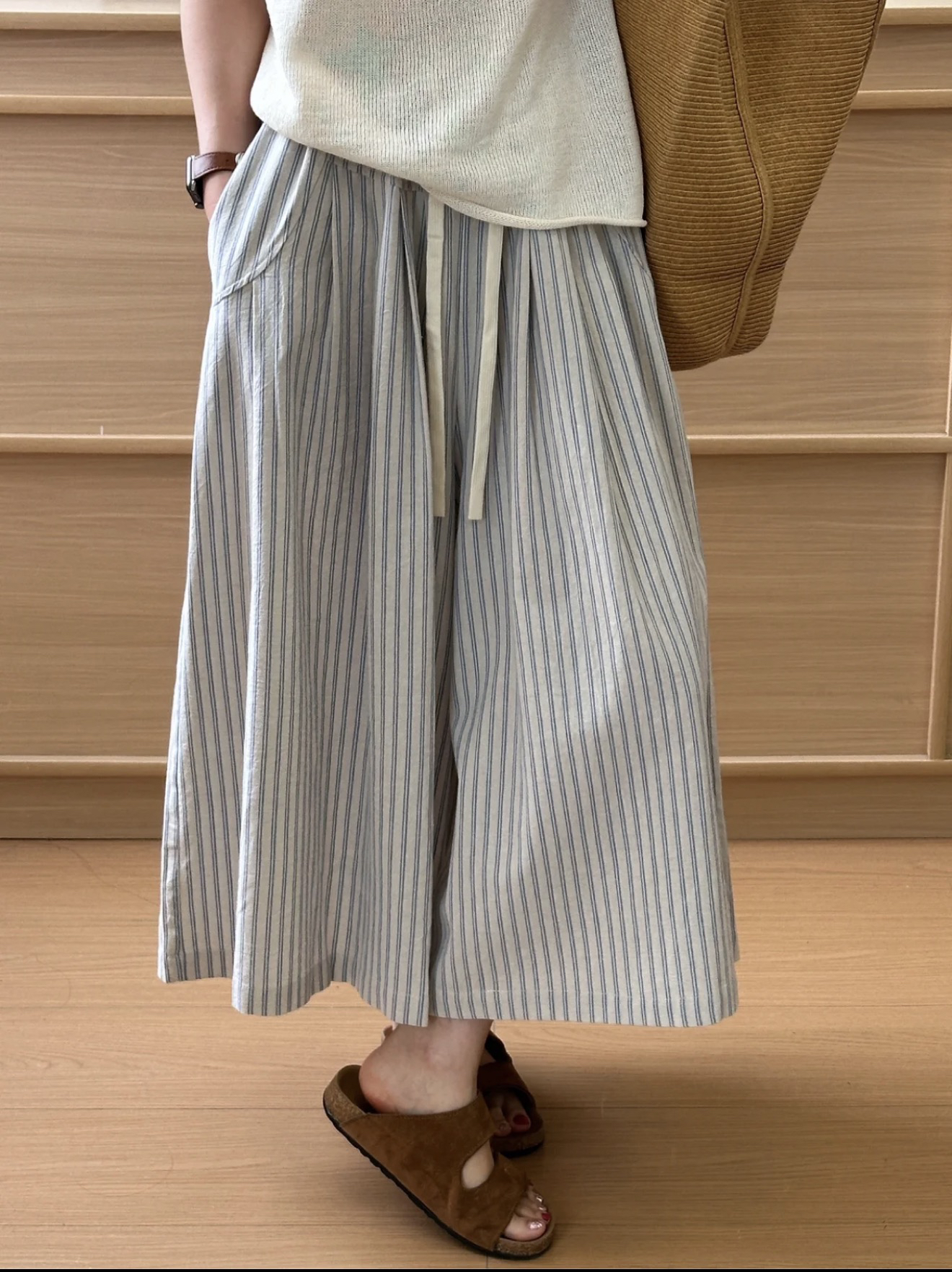 Elastic Waist Wide Leg Pants Korean Lazy Style Cotton Vertical Striped Drawstring Spring Summer Beige Gray Blue Striped - Image 2