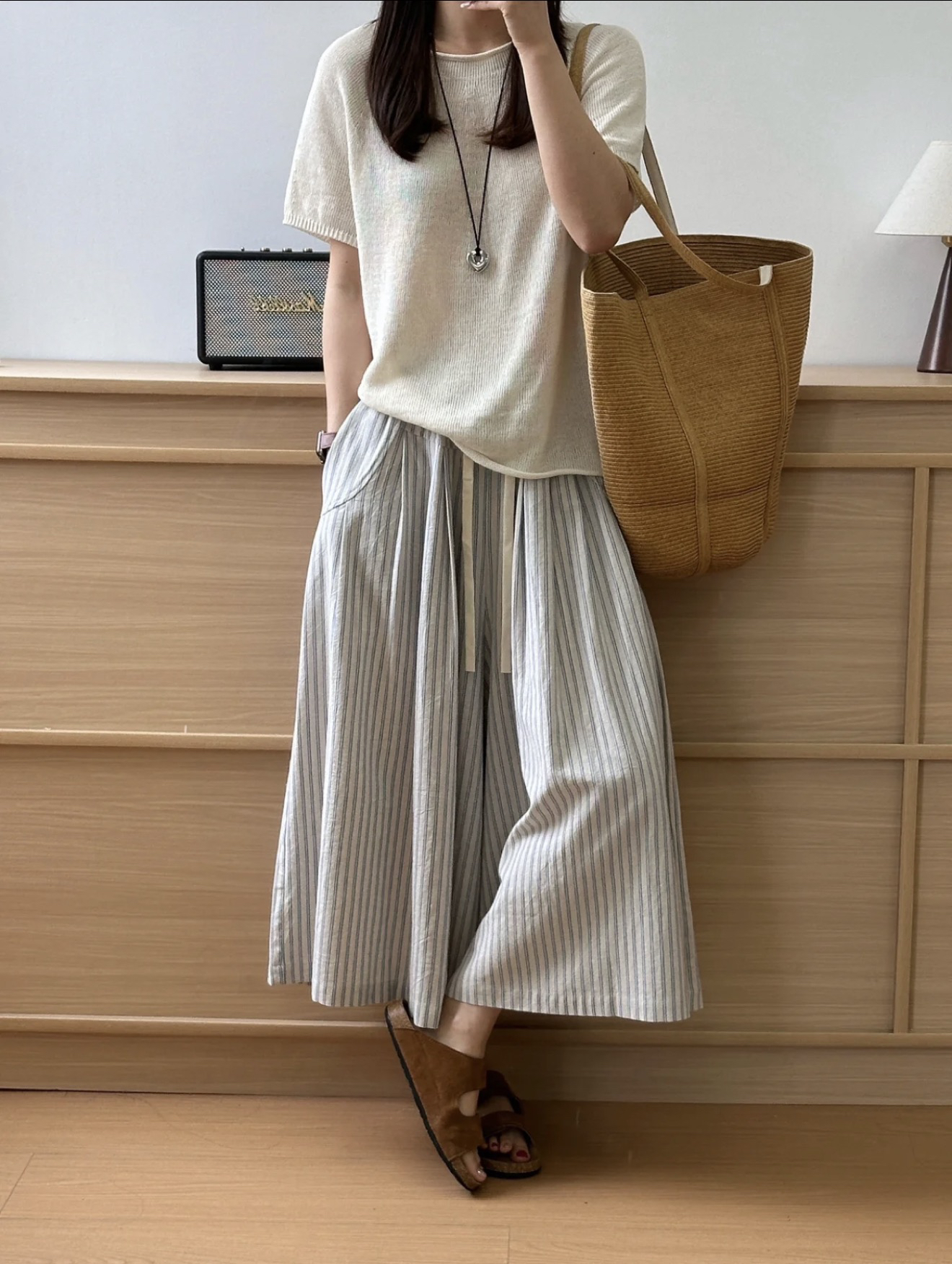 Elastic Waist Wide Leg Pants Korean Lazy Style Cotton Vertical Striped Drawstring Spring Summer Beige Gray Blue Striped - Image 3
