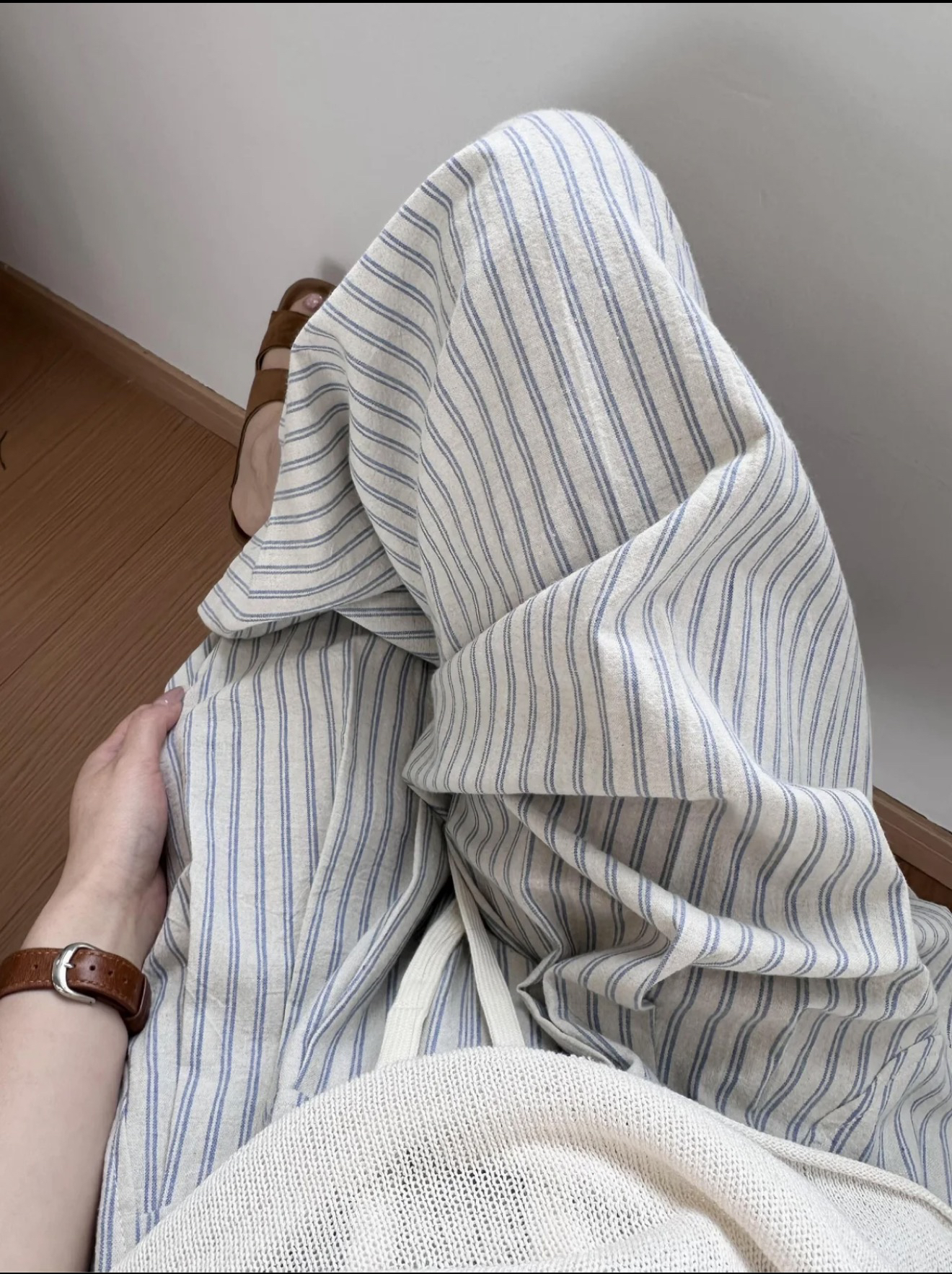 Elastic Waist Wide Leg Pants Korean Lazy Style Cotton Vertical Striped Drawstring Spring Summer Beige Gray Blue Striped - Image 4