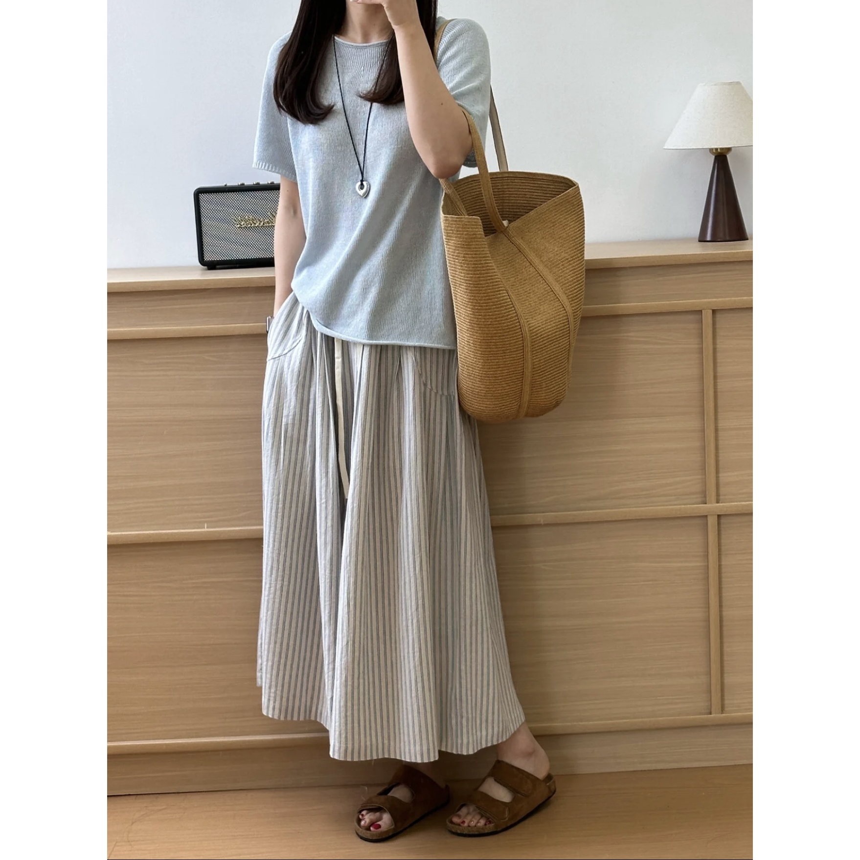Elastic Waist Wide Leg Pants Korean Lazy Style Cotton Vertical Striped Drawstring Spring Summer Beige Gray Blue Striped - Image 5