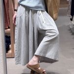 Elastic Waist Skirt Wide Leg Pants Korean Lazy Style Cotton Vertical Striped Drawstring Spring Summer Beige Gray Blue Striped - Style b58c6d
