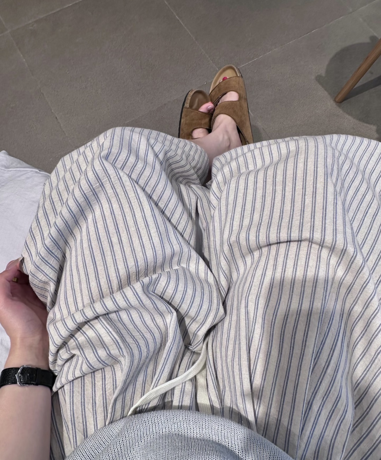 Elastic Waist Skirt Wide Leg Pants Korean Lazy Style Cotton Vertical Striped Drawstring Spring Summer Beige Gray Blue Striped - Style b58c6d - Image 3