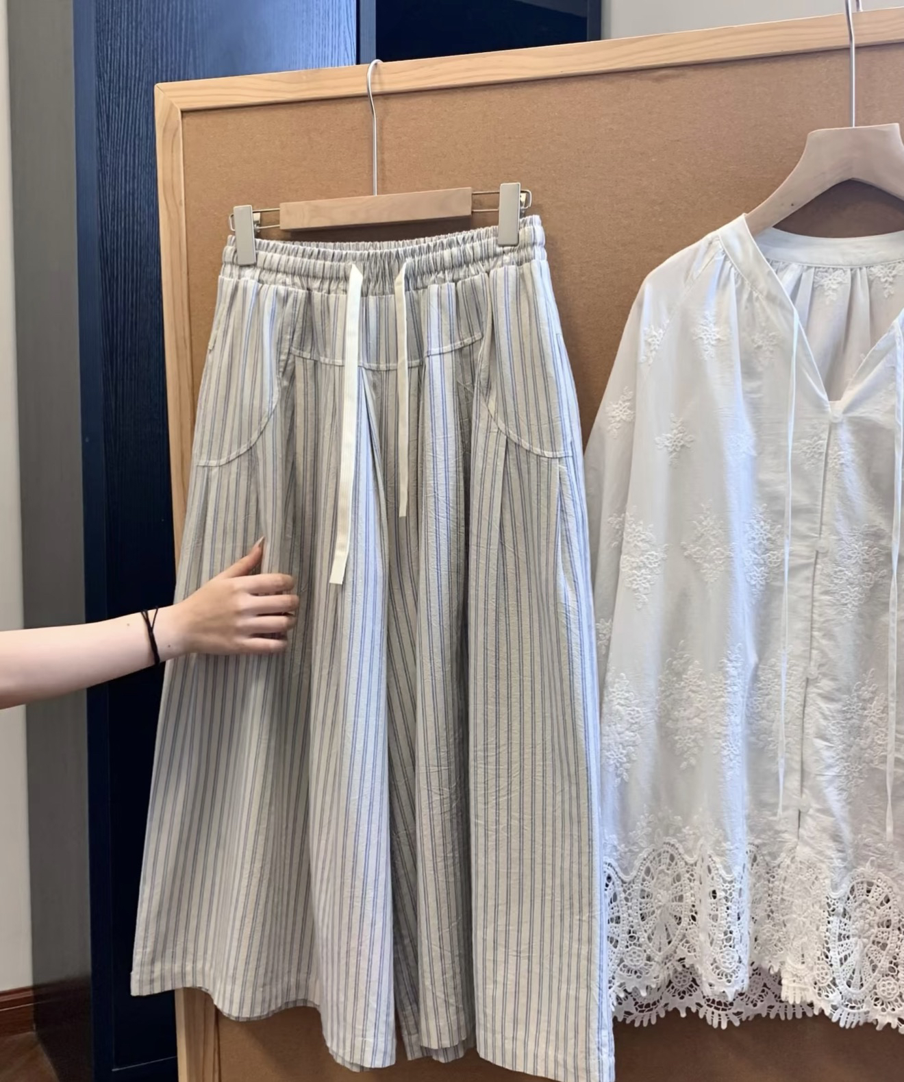 Elastic Waist Skirt Wide Leg Pants Korean Lazy Style Cotton Vertical Striped Drawstring Spring Summer Beige Gray Blue Striped - Style b58c6d - Image 4