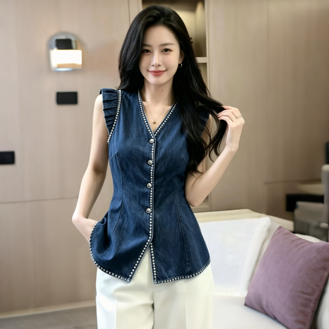 Summer New Fashion High-End Casual Versatile V-Neck Lace Sleeveless Denim Shirt - Image 2