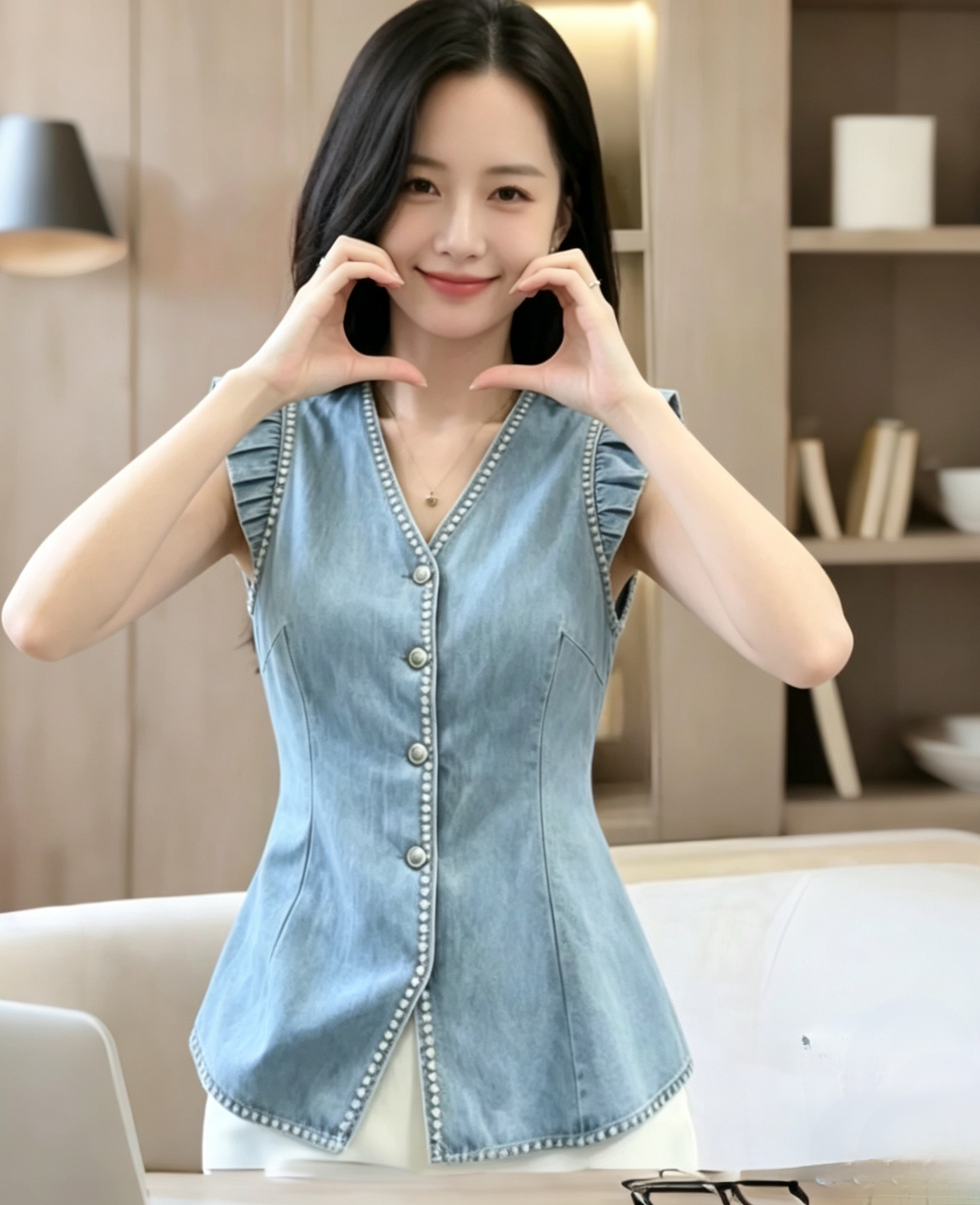 Summer New Fashion High-End Casual Versatile V-Neck Lace Sleeveless Denim Shirt - Image 4