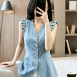 Summer New Fashion High-End Casual Versatile V-Neck Lace Sleeveless Denim Shirt