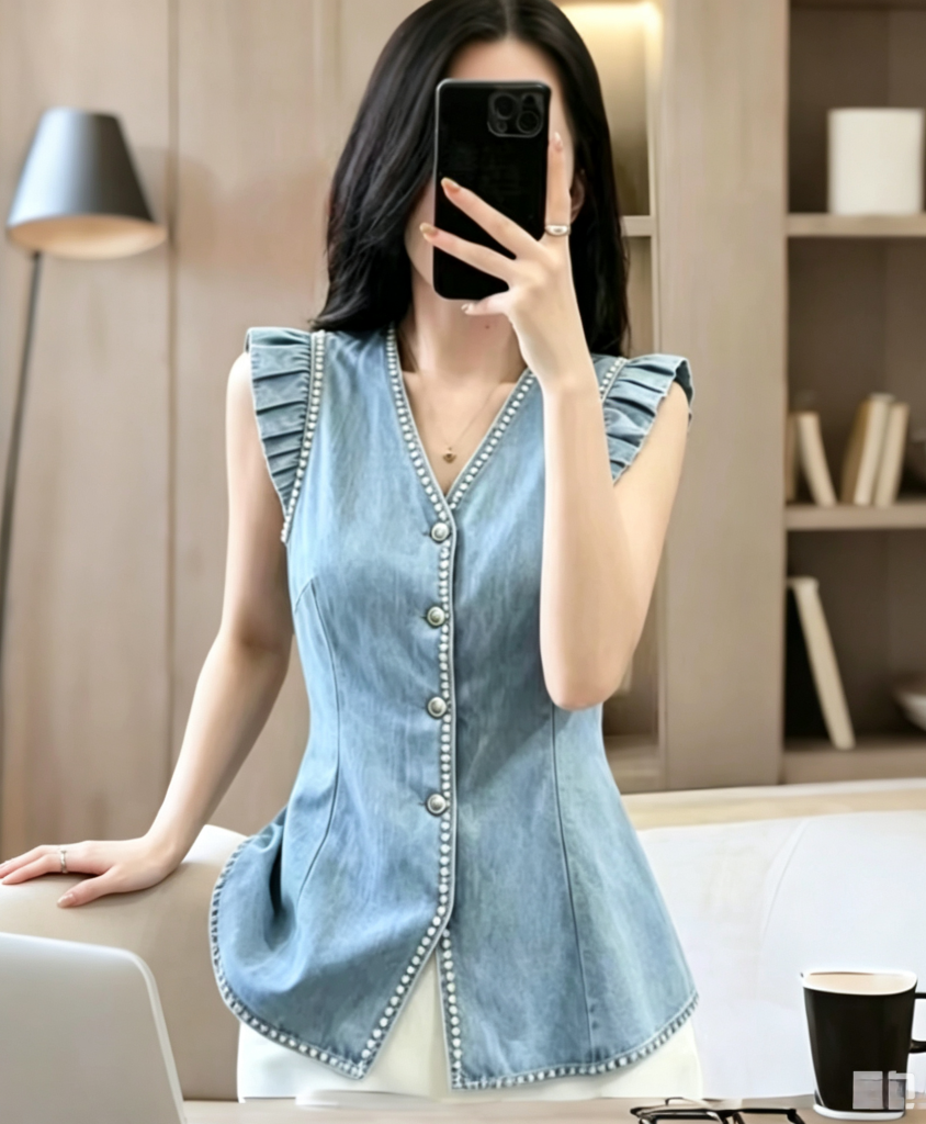 Summer New Fashion High-End Casual Versatile V-Neck Lace Sleeveless Denim Shirt