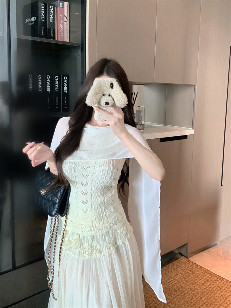 Women's Openwork Crochet Panel Cape Top Solid Slim Retro Knit Sweater Early Autumn New