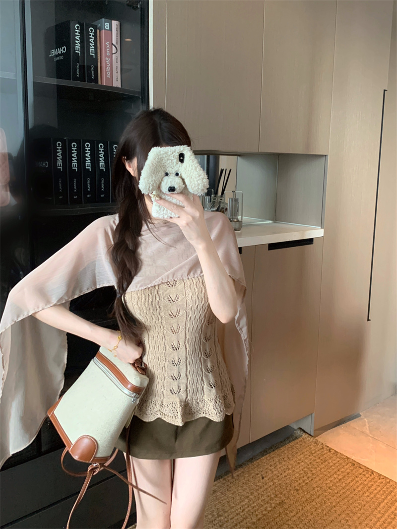 Women's Openwork Crochet Panel Cape Top Solid Slim Retro Knit Sweater Early Autumn New - Image 2