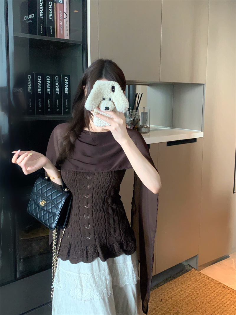 Women's Openwork Crochet Panel Cape Top Solid Slim Retro Knit Sweater Early Autumn New - Image 3