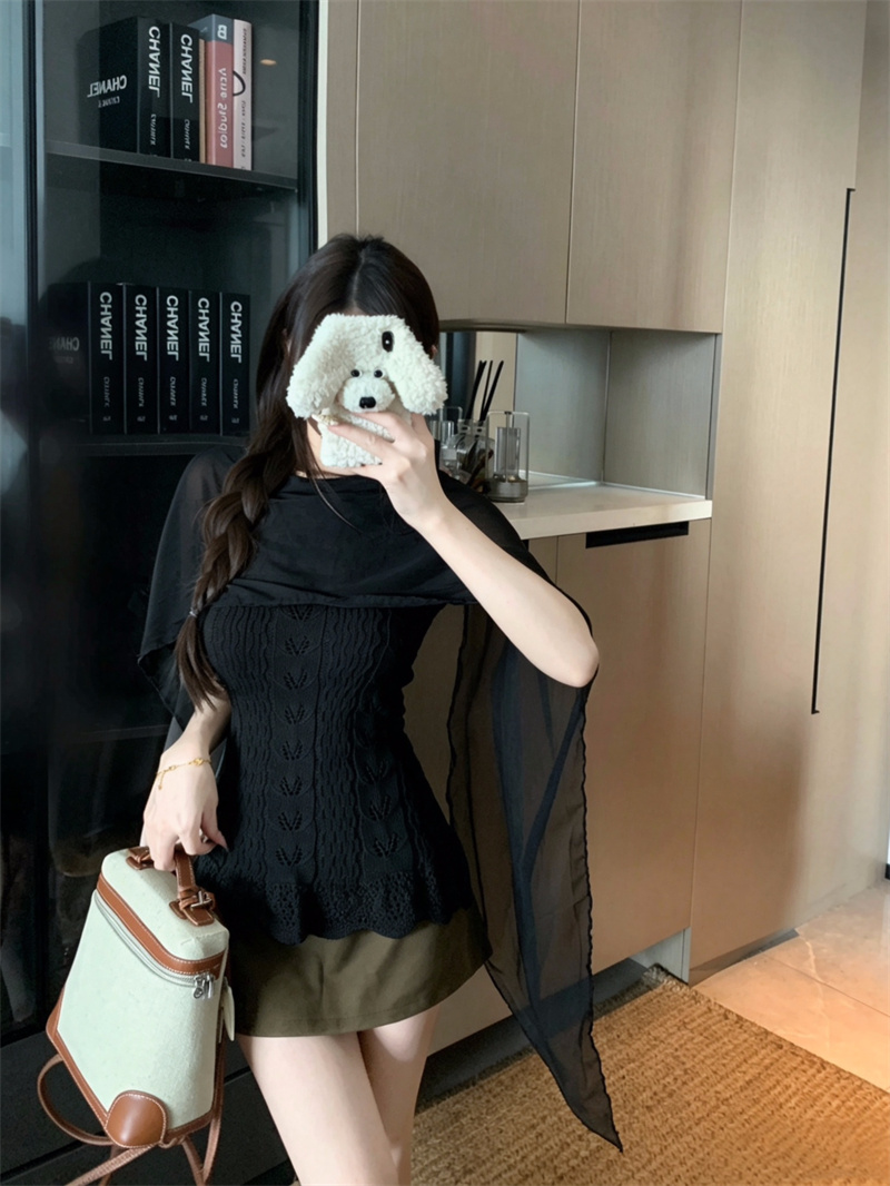 Women's Openwork Crochet Panel Cape Top Solid Slim Retro Knit Sweater Early Autumn New - Image 4