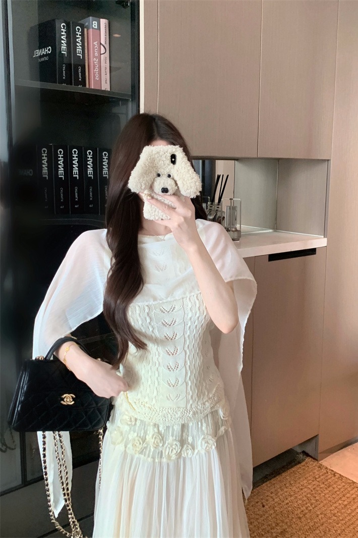 Women's Openwork Crochet Panel Cape Top Solid Slim Retro Knit Sweater Early Autumn New - Image 5