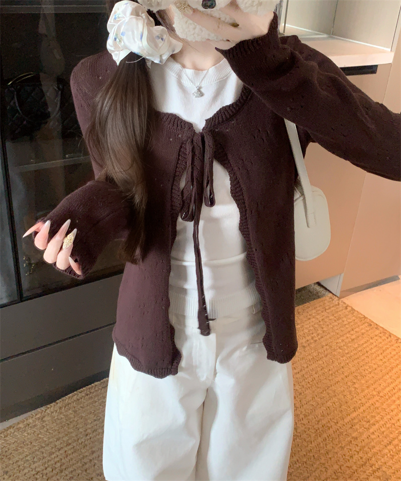 Women's Two-Piece Knit Cardigan and Tank Set with Hollow-Out Lace-Up Detail - Image 3