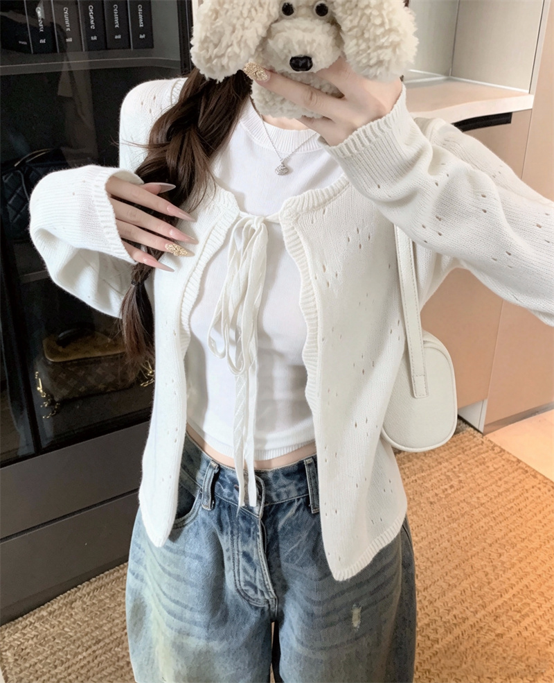 Women's Two-Piece Knit Cardigan and Tank Set with Hollow-Out Lace-Up Detail - Image 4