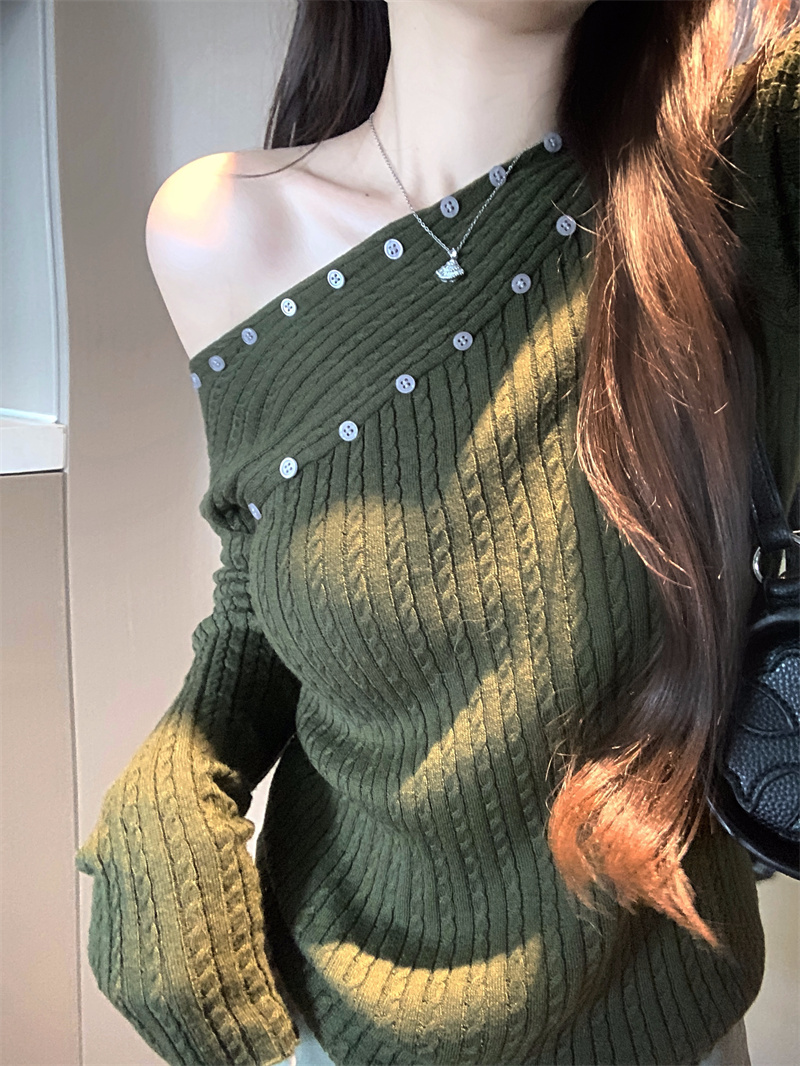 Women's 2026 Autumn Asymmetric Collar Button Knit Top Long Sleeve Off-Shoulder Design - Image 2