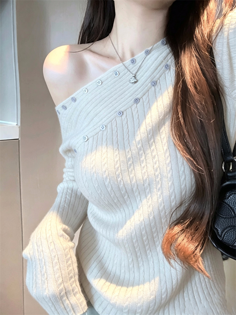Women's 2026 Autumn Asymmetric Collar Button Knit Top Long Sleeve Off-Shoulder Design - Image 4