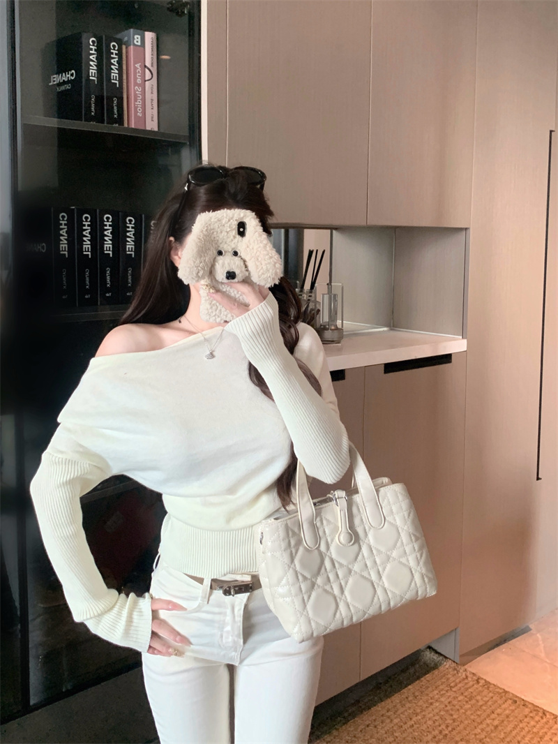 Off-Shoulder Long-Sleeve Knit Sweater for Women Early Autumn Korean Style Loose Top - Image 2