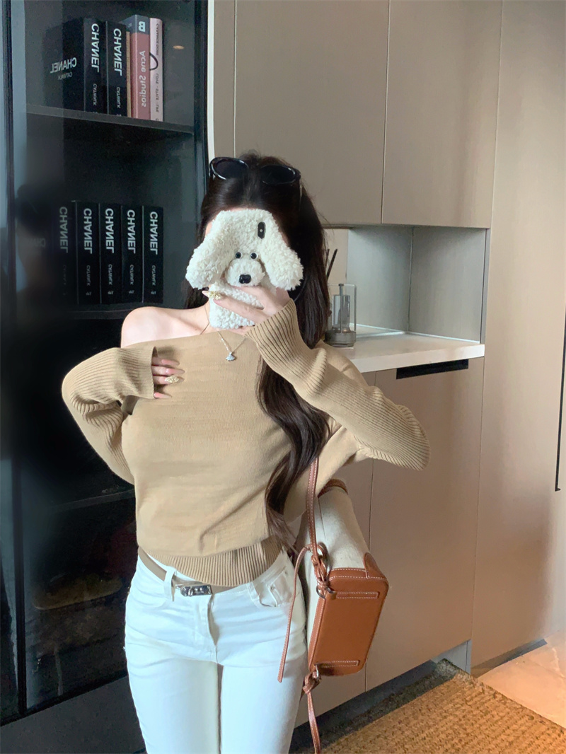 Off-Shoulder Long-Sleeve Knit Sweater for Women Early Autumn Korean Style Loose Top - Image 3