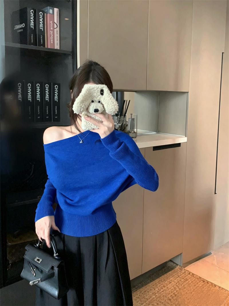 Off-Shoulder Long-Sleeve Knit Sweater for Women Early Autumn Korean Style Loose Top - Image 4
