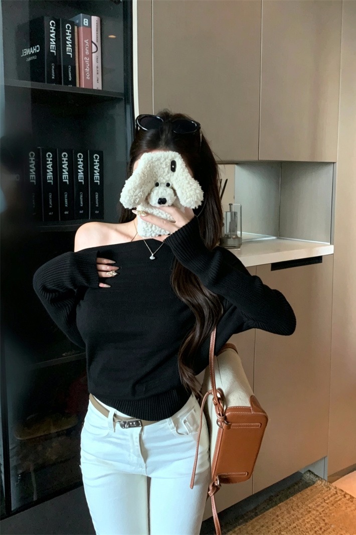 Off-Shoulder Long-Sleeve Knit Sweater for Women Early Autumn Korean Style Loose Top - Image 5