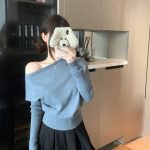 Off-Shoulder Long-Sleeve Knit Sweater for Women Early Autumn Korean Style Loose Top