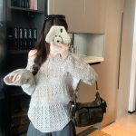 Women's Openwork Crochet Knit Sweater Loose Round Neck Lazy Pullover