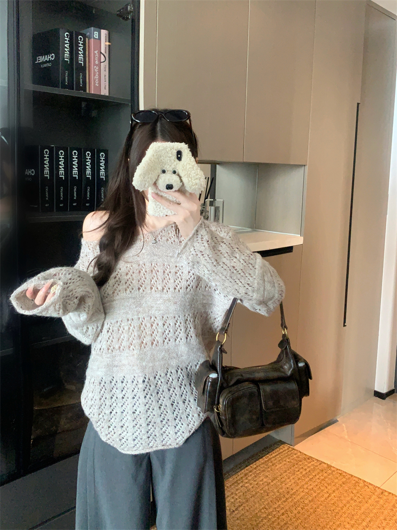 Women's Openwork Crochet Knit Sweater Loose Round Neck Lazy Pullover