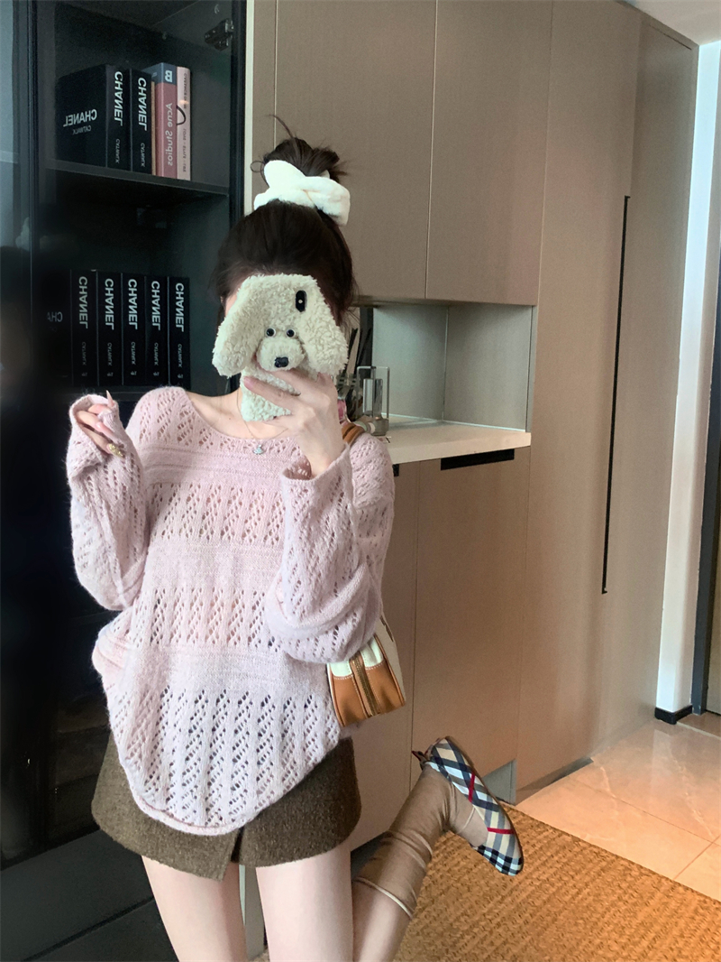 Women's Openwork Crochet Knit Sweater Loose Round Neck Lazy Pullover - Image 3
