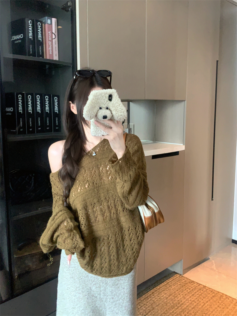 Women's Openwork Crochet Knit Sweater Loose Round Neck Lazy Pullover - Image 2
