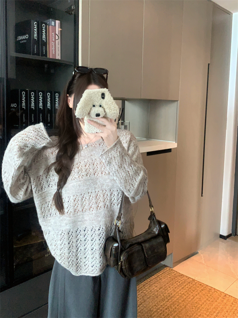 Women's Openwork Crochet Knit Sweater Loose Round Neck Lazy Pullover - Image 4