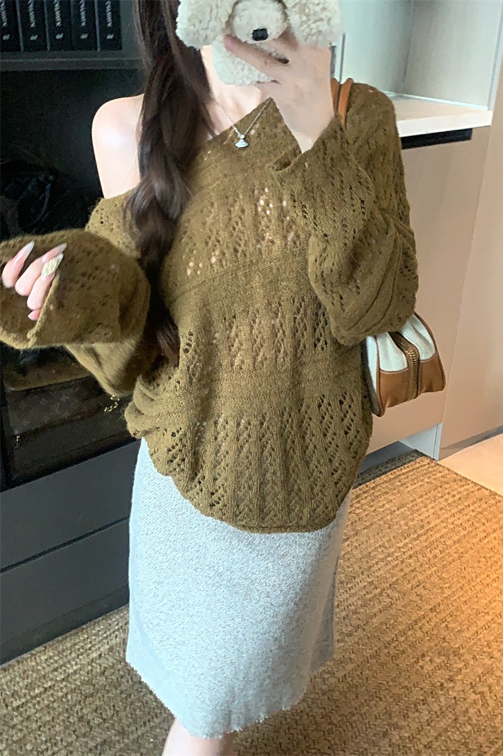 Women's Openwork Crochet Knit Sweater Loose Round Neck Lazy Pullover - Image 5