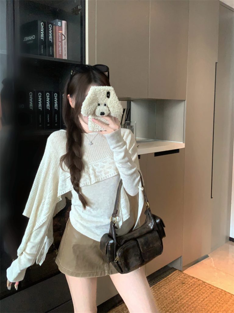 Women's Shawl-Look Knit Long-Sleeve Top Korean Style Slim Fit Early Autumn